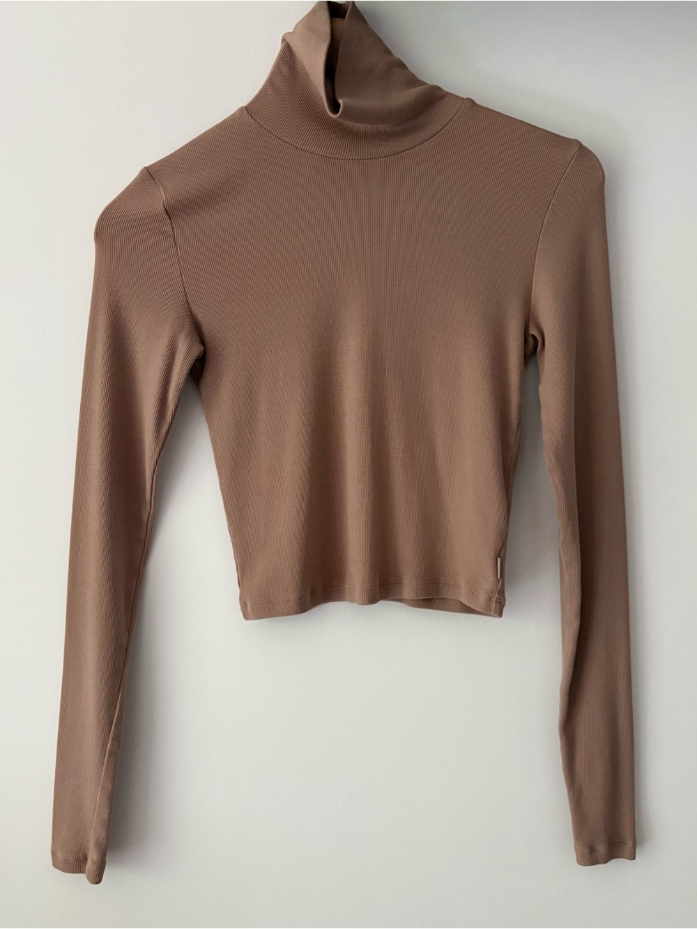 Aritzia TNA Babine Turtleneck Cropped Ribbed Top in Warm Taupe Size Small